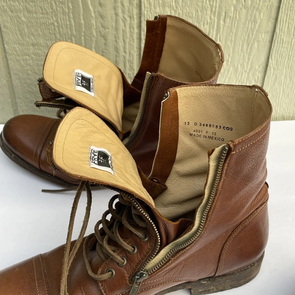 Frye Tyler Boot Mens 13D Brown Leather Double Zip Lace Up Combat Moto 86083 REAR